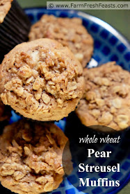 A buttery oatmeal streusel tops these whole wheat pear and pecan muffins. This recipe makes a wholesome treat.