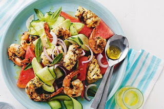 A salad with shrimp, seafood, watermelon and cucumber - the Barbecued Seafood & Watermelon Salad.