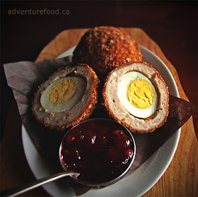 scotch egg, oatmeal, lingonberry