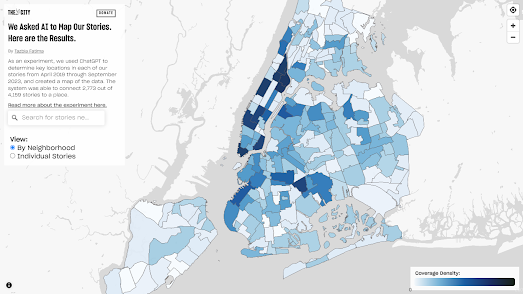 a choropleth map showing The City articles by New York neighborhood