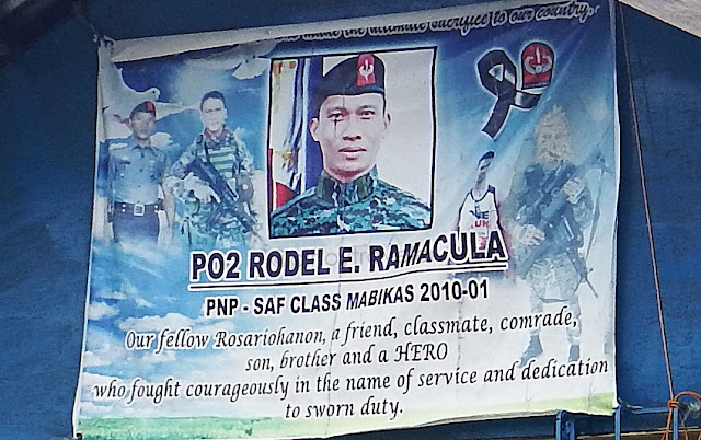 tarpaulin dedication in memory of PO2 Rodel E. Ramacula (#SAF44) at the cemetery in Rosario Northern Samar