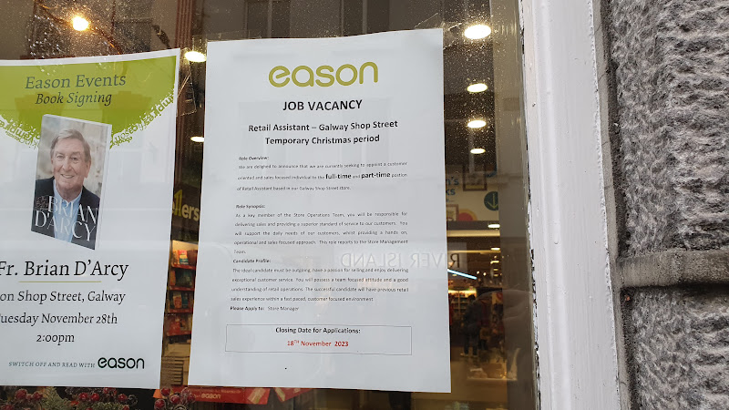 Easons front window - and sign about a bood signing event by Fr Brian Darcy in Galway on Tuesday 28 November 2023, at 2pm