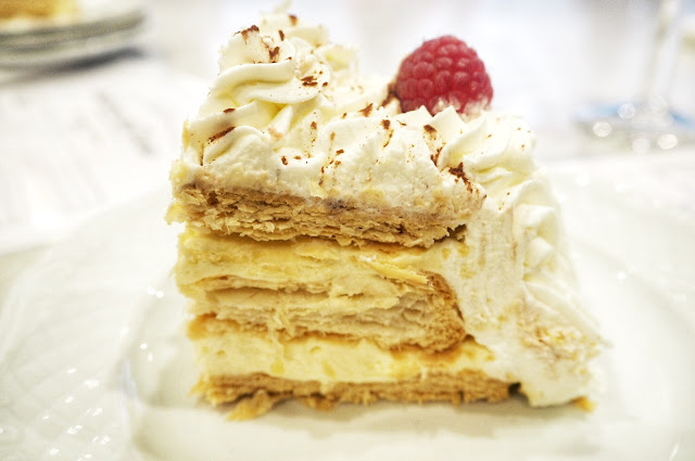 Fruit topped Italian wedding cake serving