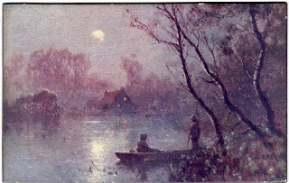 Vintage panel postcard of a moonlit lake scene