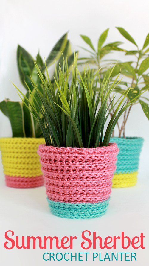 Joyful crochet planter cover, reminds me of bright rainbow sherbet -- perfect for summer! | The Inspired Wren