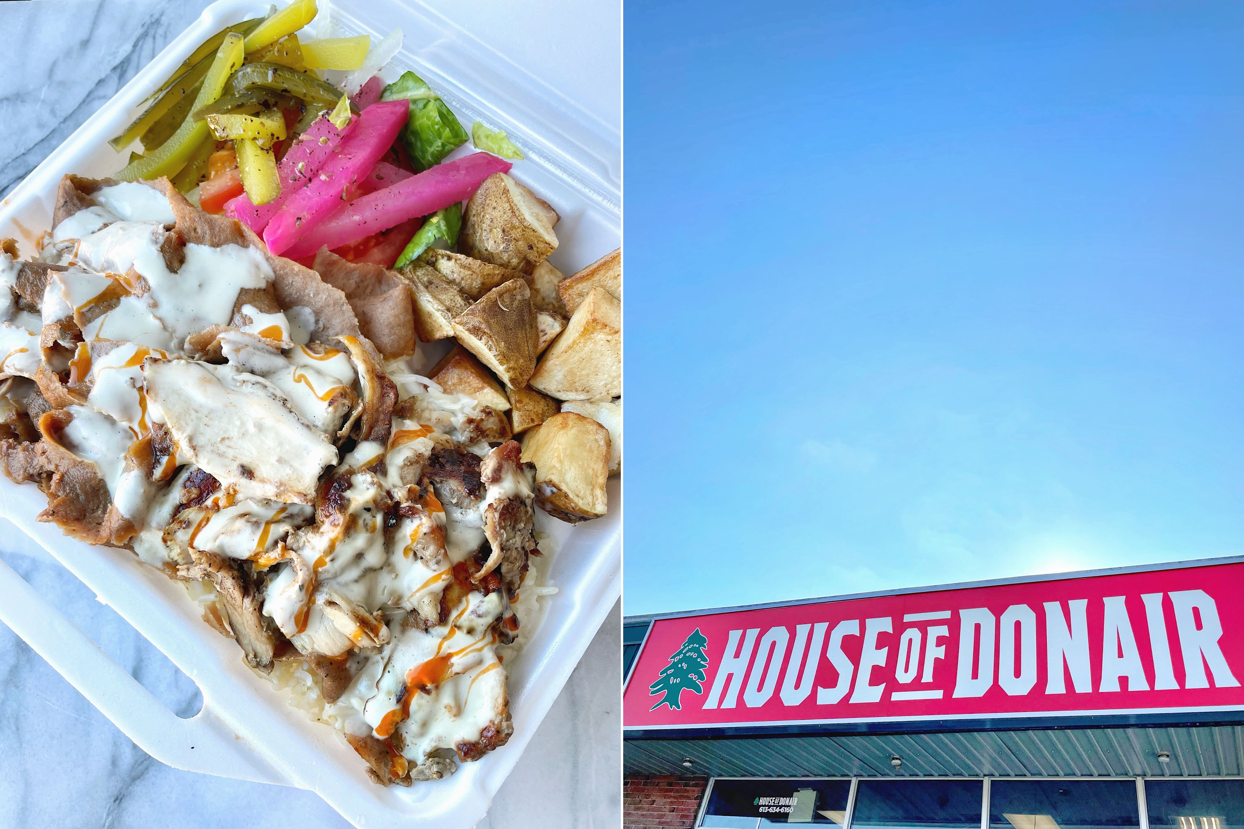 Mixed plate of chicken shawarma and donair plate and House of Donair restaurant sign.