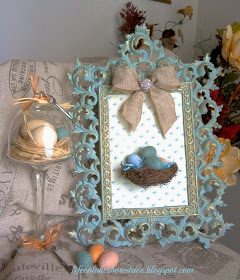 Spring Decor, Bird's nest wall art, mini cupcake stand, cloche, eggs, antique key