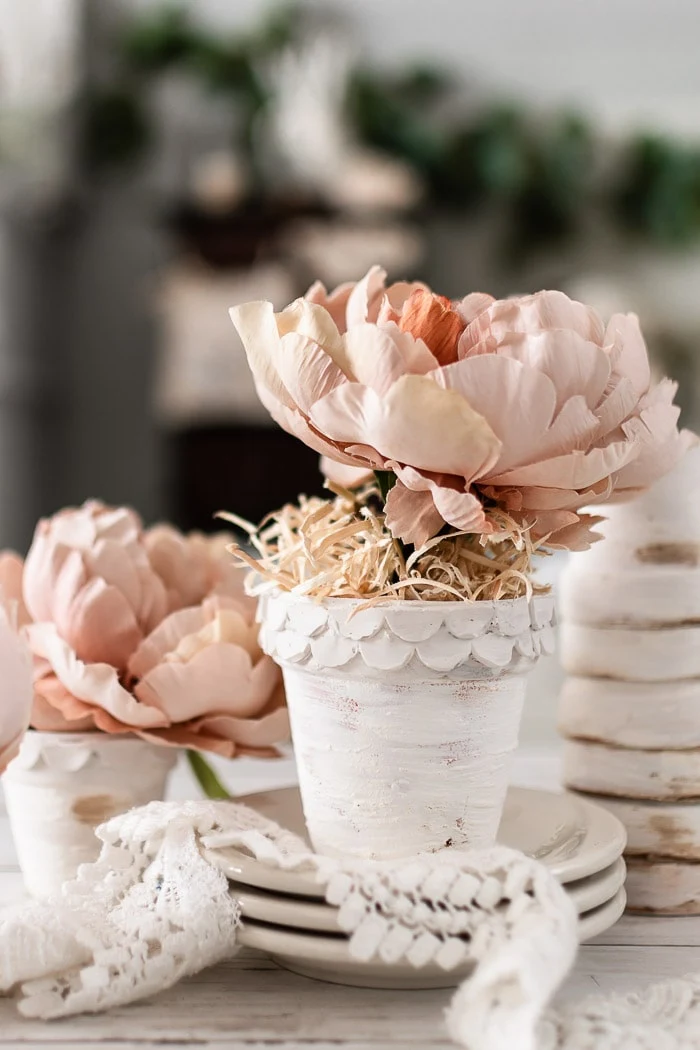 white terracotta pots with scallop edges, blush peonies, lace