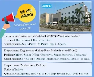 ITI & Diploma Freshers Jobs Openings In USV Private Limited Daman | Pool Campus Drive Walk-In-Interview