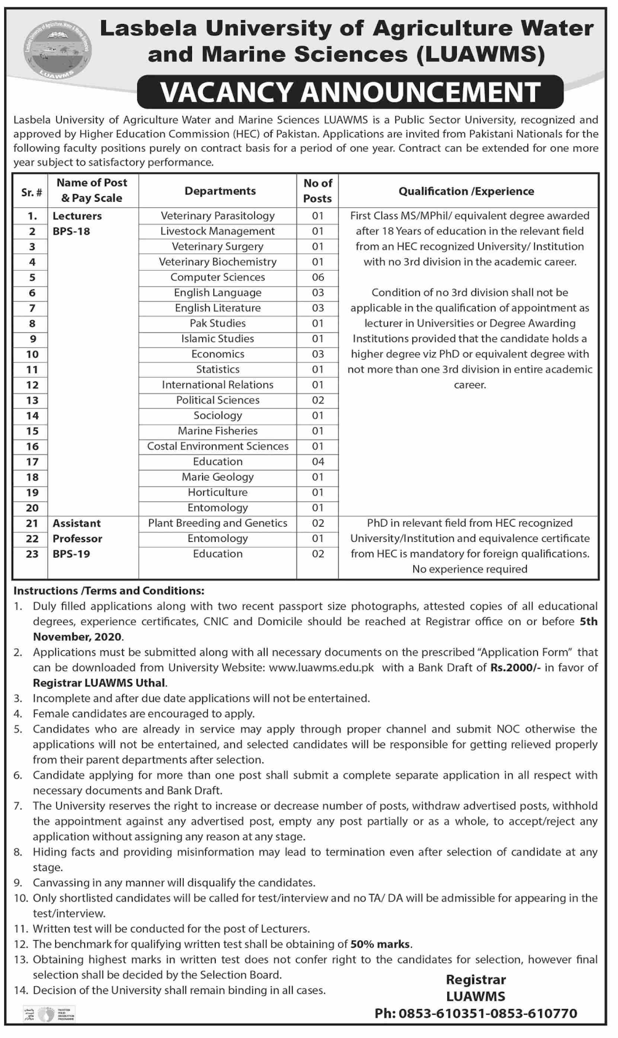 Lasbela University of Agriculture Water and Marine Sciences LUAWMS Jobs October 2020