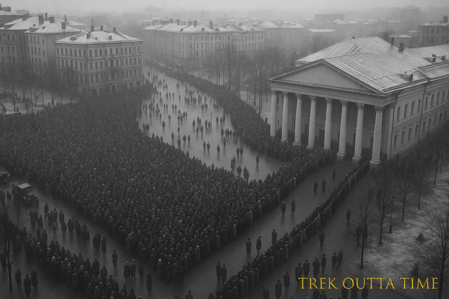 Vue aérienne en noir et blanc de milliers de citoyens soviétiques rassemblés en file sous la pluie, devant un imposant bâtiment officiel à Moscou, lors des funérailles de Staline en mars 1953.