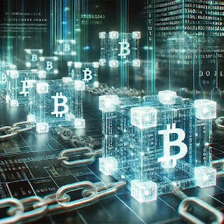 A futuristic digital representation of blockchain technology, featuring a glowing, interconnected chain of holographic cubes containing cryptographic symbols and binary code, set against a dark, abstract digital landscape with neon blue and green accents.