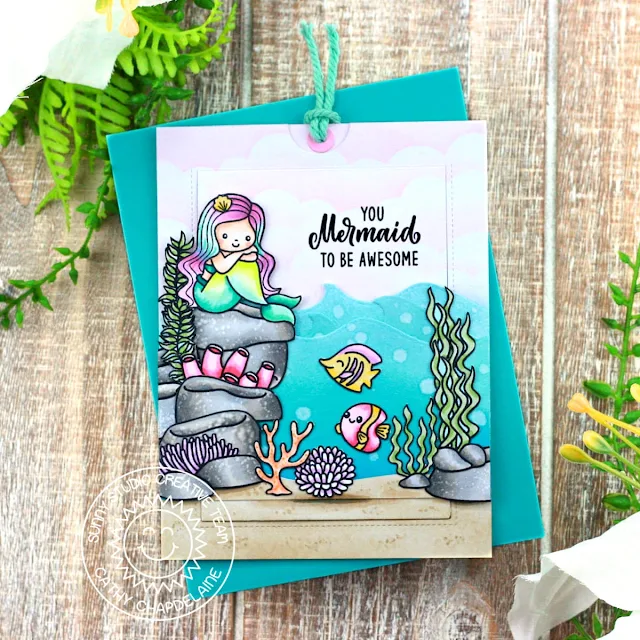 Sunny Studio Stamps: Sliding Window Die Focused Ocean Themed Card by Cathy Chapdelaine (featuring Catch A Wave Dies, Fintastic Friends, Ocean View, Mermaid Kisses)