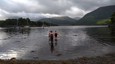 Dorothy and two other guests about to swim in the loch!
