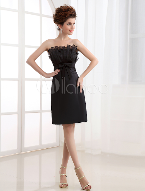 China Wholesale Clothes - Cocktail Dress Black Sheath Strapless Pleated Satin Cocktail Dress