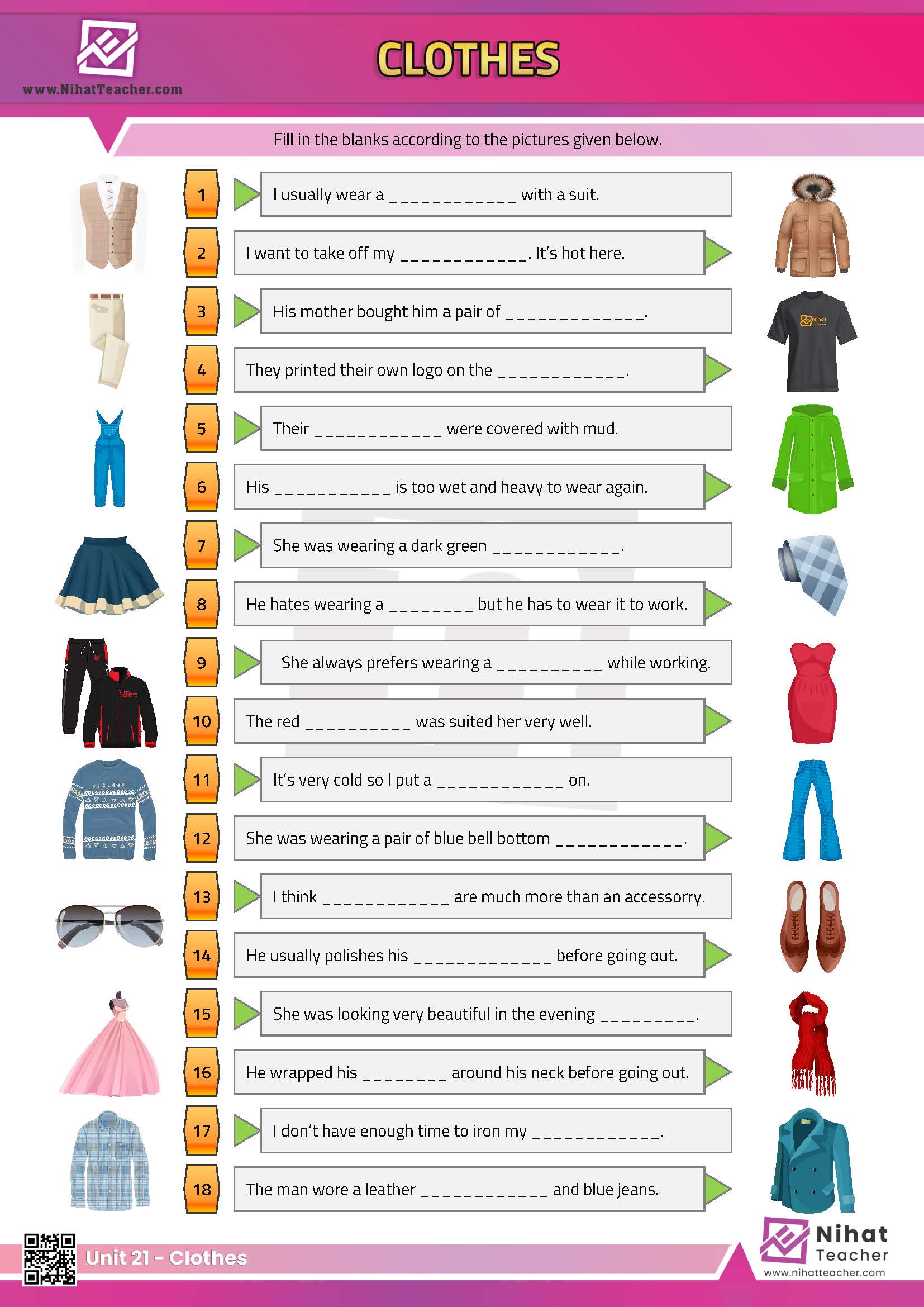 Clothes in English. A downloadable, print-friendly, PDF worksheet about clothes in English. What do you wear today? What does he / she wear today? Fun, Print-friendly PDF multiple choice worksheet about clothes in English. #download#Click here to download a PDF worksheet about clothes in English. Search this site to find more worksheets about clothes in English.  Click here to take an online, multiple choice test about clothes in English.