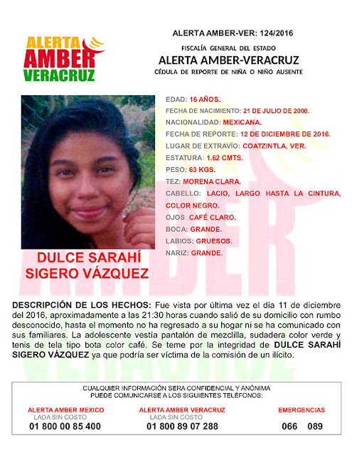 Activan Alerta Amber para Dulce Sarahi Sigero en Coatzintla Veracruz