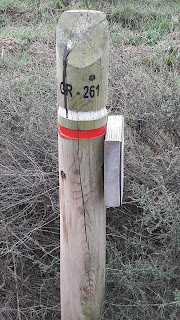 Camino de Santiago de Compostela, etapa entre Fraga (Huesca) y Candasnos (Huesca), camino a la salida de Fraga y en dirección al Ventorrillo y señal del indicador del GR-261