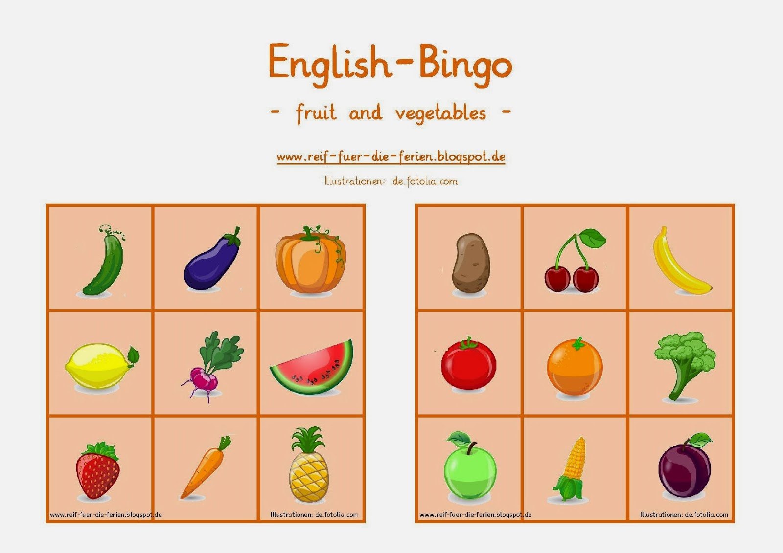 Englisch Bingo fruit and vegetables