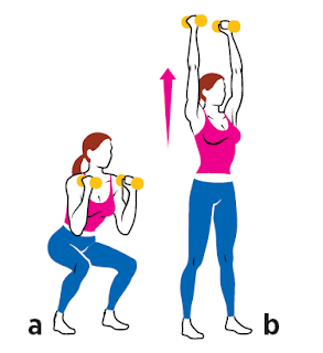 Dumbbell Squat to Overhead Press all fitness Hold a pair of dumbbells at shoulder height with your elbows bent and feet hip-width apart. Keeping your chest upright, bend your knees and lower until your thighs are at least parallel to the floor (a). As you stand, press the weights overhead until your arms are straight (b).  Return to start. That’s one rep