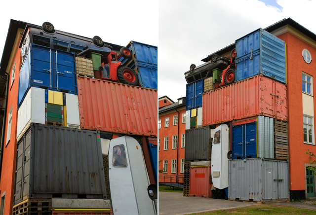 Sueco faz escultura com carro, trator, paletes, contêiners e geladeiras [fotos]