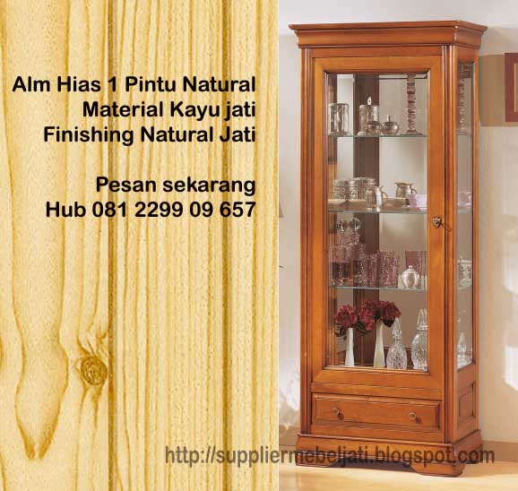 jual mebel jati Lemari Hias Natural Jati 1 pintu kaca 