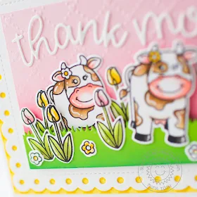 Sunny Studio Stamps: Miss Moo Frilly Frames Loopy Letters Thank You Card by Mona Toth