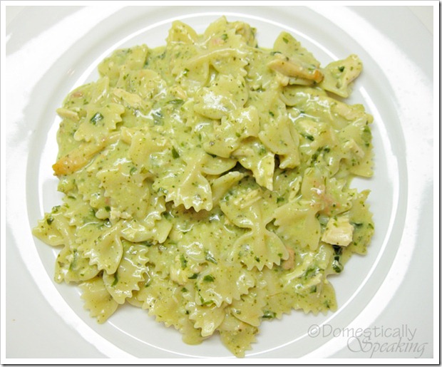 {Creamy Pesto Chicken Pasta}. 1/2 lb. Pasta (your favorite shape)