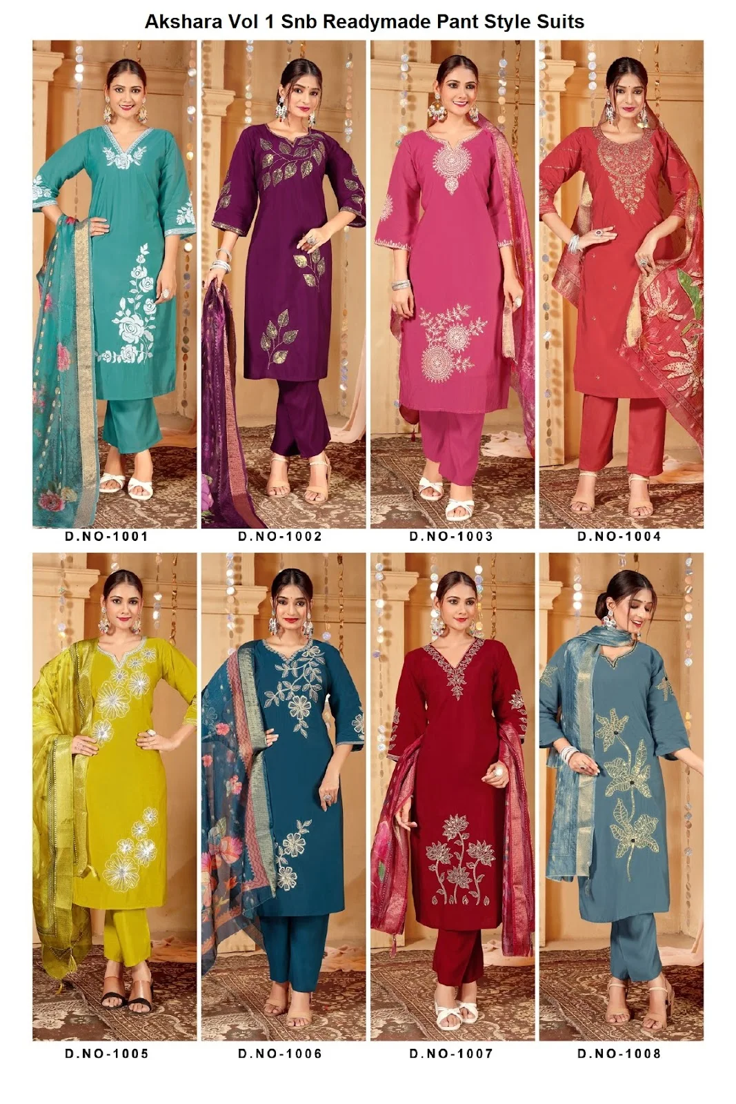Akshara Vol 1 Snb Roman Silk Embroidery Work Readymade Pant Style Suits