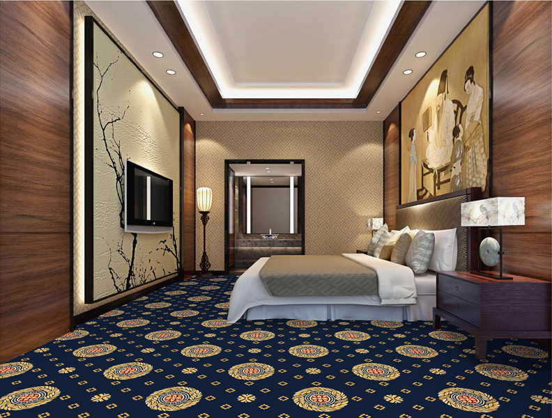 Thảm khách sạn màu xanh với họa tiết hoa văn tròn màu vàng