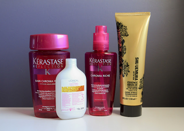 other care product L-R: Kerastase Chroma shampoo, the included Casting Creme conditioner, Kerastase Chroma Riche leave in serum and Shu Uemura Conditioning Oil