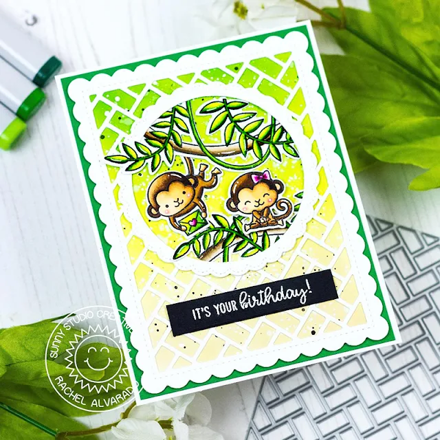 Sunny Studio Stamps: Frilly Frame Dies Fancy Frame Dies Love Monkey Tropical Scenes Birthday Cards by Rachel Alvarado