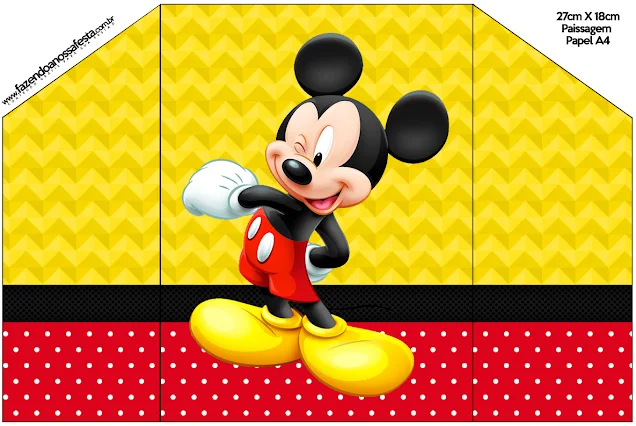 Mickey en Fondo Amarillo con Zigzags y Rojo con Lunares: Invitaciones para Imprimir Gratis.