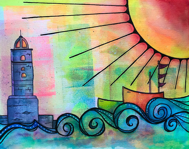 Alice Hendon, Sunset on the Harbor piece using schmincke watercolors on Hahnemühle Expression Cold Pressed watercolor paper