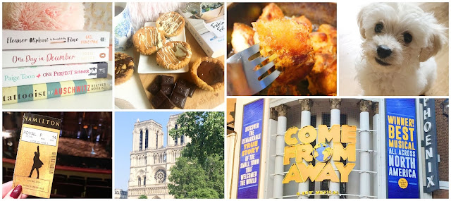 collage - stacks of book, come from away at the phoenix theatre, Notre Dame Paris, Hamilton West End, homemade cookie dough buns, homemade roast potatoes