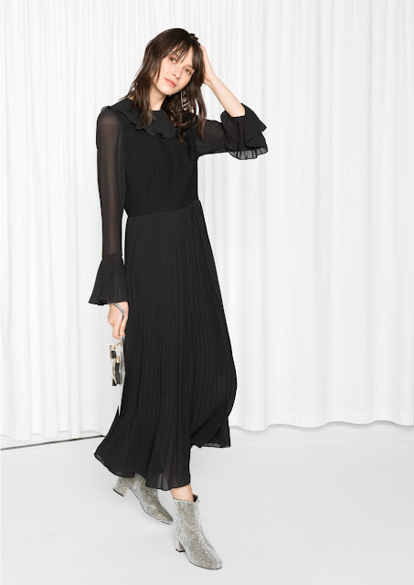 black pleated midi dress