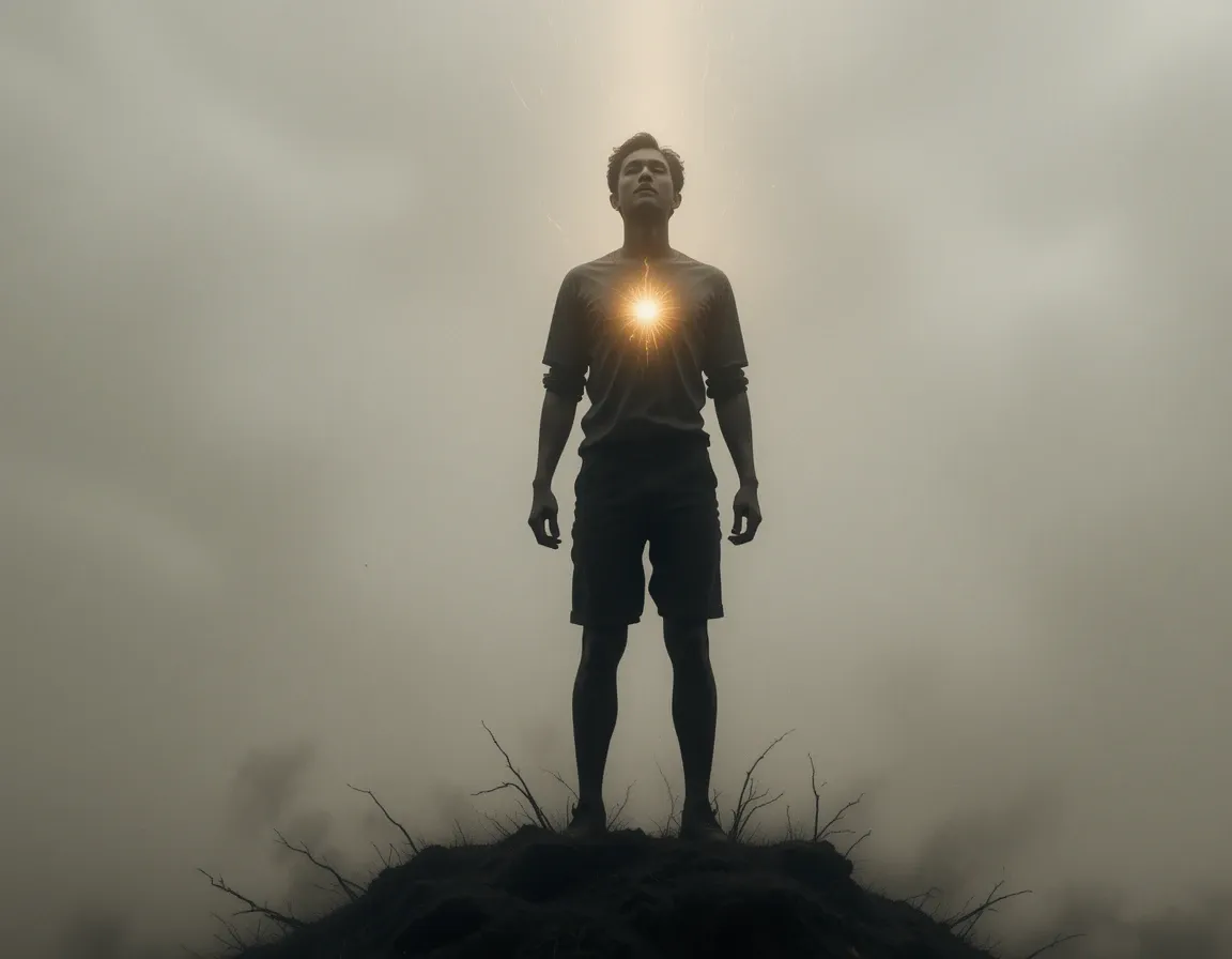 A silhouette of a person glowing with inner light from their core, standing firm amidst challenges, symbolizing self-reliance and drawing strength from within.