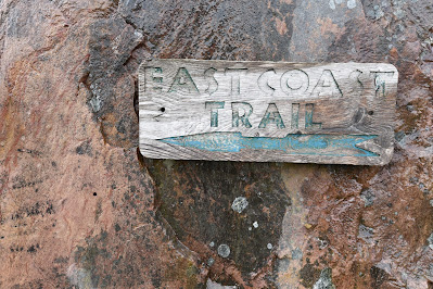 Wooden East Coast Trail sign on rock hill.