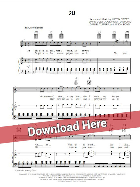 david guetta, justin bieber, 2u, sheet music, piano notes, chords, download, pdf, klavier noten, keyboard, guitar, voice, vocals, transpose, composition