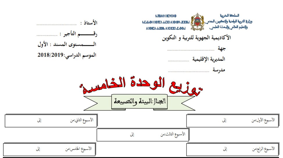 التوزيع المجالي للوحدة الخامسة مرجع المفيد المستوى الأول ابتدائي