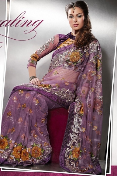 Lilac Violet Embroidered Indian Sareeembroidered sareeWedding sareeParty 