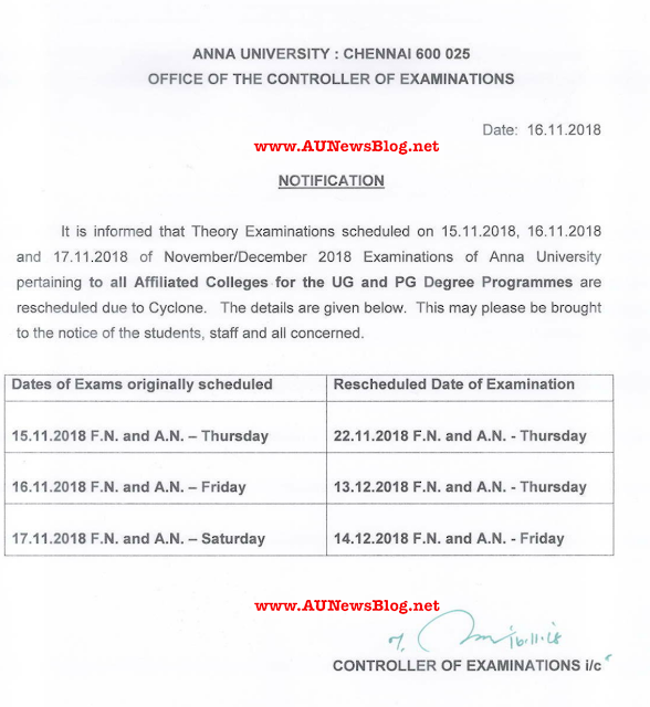 Anna University 17th November 2018 Exams also postponed