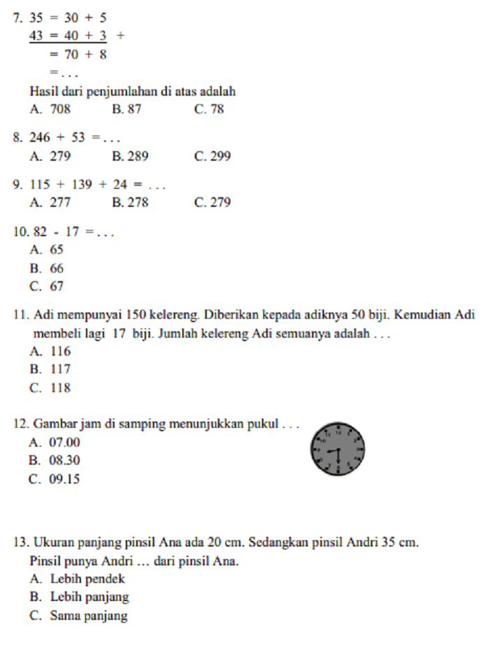  SOAL DAN JAWABAN PAS UAS MATEMATIKA KELAS 2 SD MI 