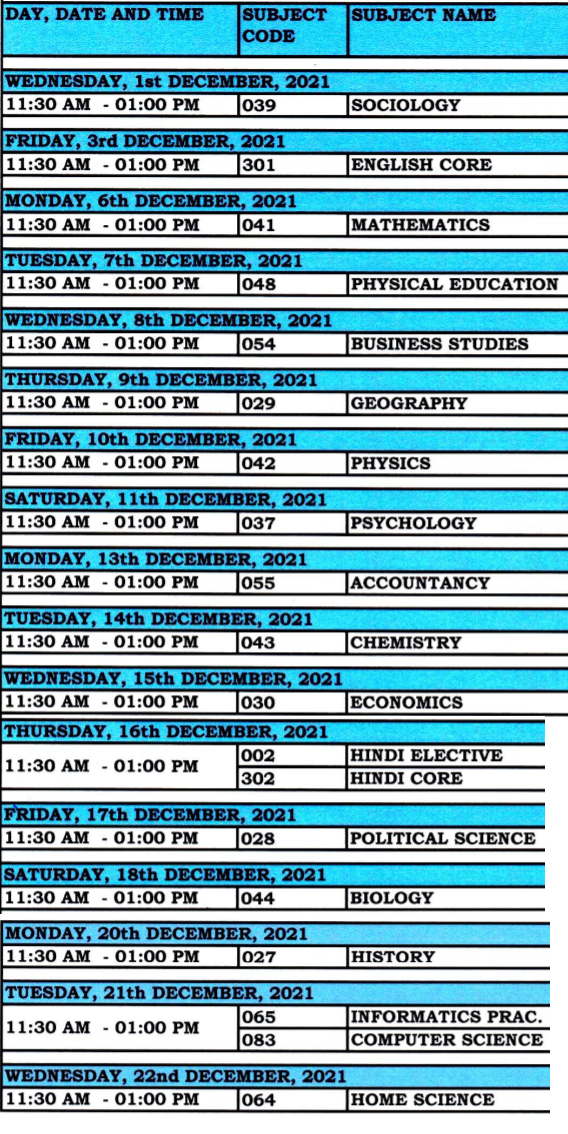 CBSE Class 12 Term 1 2021 Datesheet Released