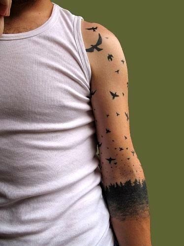 Birds Flying On Full Arm Shoulder Sleeve Tattoos, Tattoos Of Attractive Birds Tattoos On Men Shoulder, Men Shoulder With Xmas Theme Celebration Tattoos, Christmas Tattoos,
