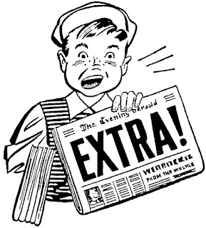 black and white drawing of a paperboy holding a newspaper whose cover says "extra! extra!"