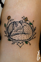 Tattoo Yonni-Gagarine : Fox Sleeping Branch Flowers Leaf Black Orange Heart Tattoo