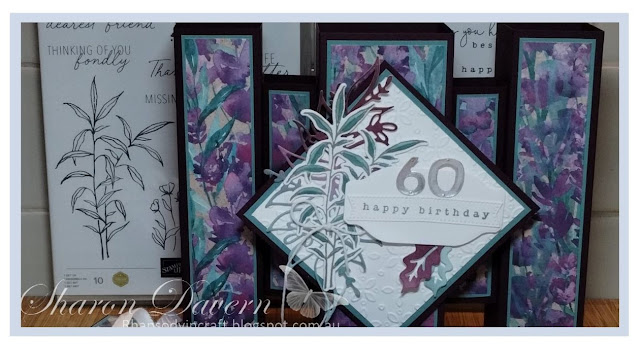 Rhapsody in craft, #rhapsodyincraft, Blackberry Bliss, #blackberrybliss, Fun Fold, Fancy Fold,3D Pillar Card and Box, 3D Pillar Card, Eyelet 3D Embossing folder, Thoughtful Wishes Stamp, Thoughtful Wishes Dies, Thoughtful Wishes Bundle, Country Birdhouse, Something Fancy dies, Stylish Shapes Dies, Birthday Card, Perennial Lavender DSP, #colourcreationsbloghop, Stampin' Up!, Art With Heart, #artwithheart, #loveitchopit