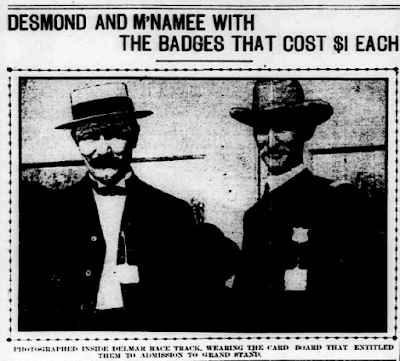 St. Louis Post Dispatch: St. Louis City Policemen Desmond and McNamee with Delmar Race Track Admission Badges