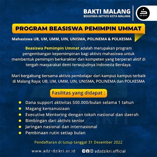 Pendaftaran Beasiswa Aktivis Kota  Malang 2023 untuk Mahasiswa S1